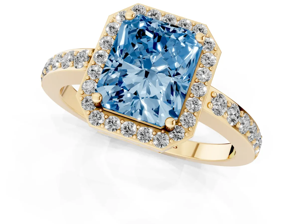 Fancy Blue Radiant Cut Halo Diamond Pavé Band Ring with Prong Setting Yellow gold