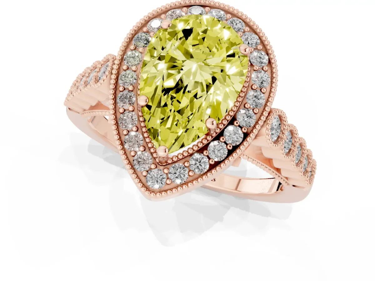 Fancy Yellow Pear Cut Halo Twist Band Solitaire Ring with Six-Prong Setting Rose gold