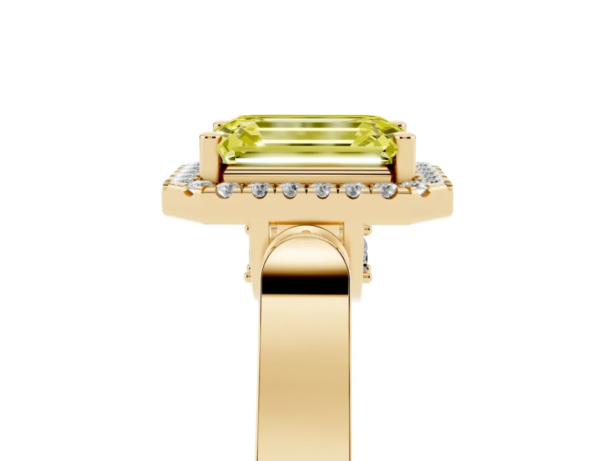 Fancy Yellow Emerald Cut Halo Round Diamond Twist Band with Four-Prong Setting Yellow gold