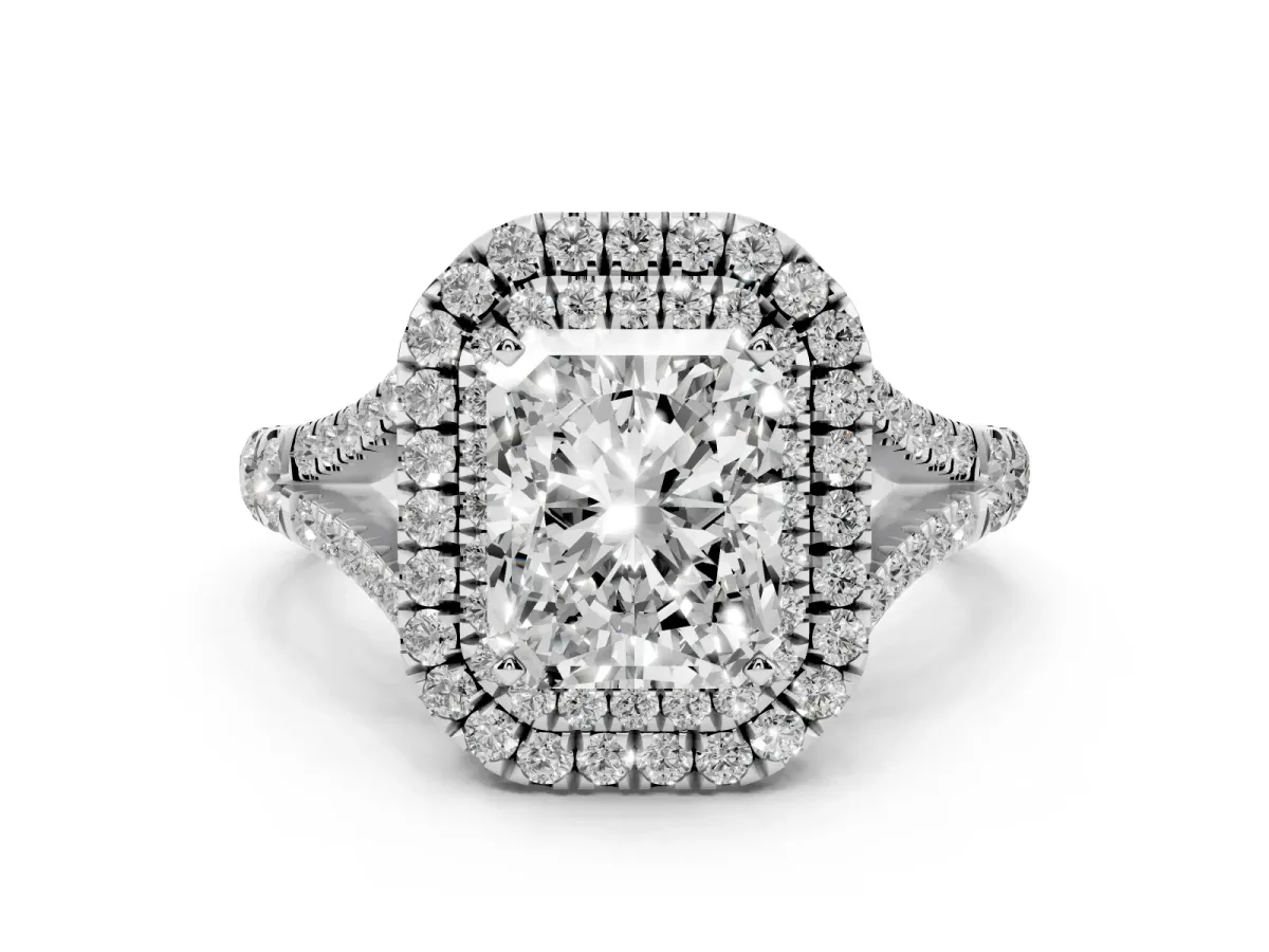 Radiant Cut Cut Double Halo Split Shank Diamond Ring with Prong Setting Silver