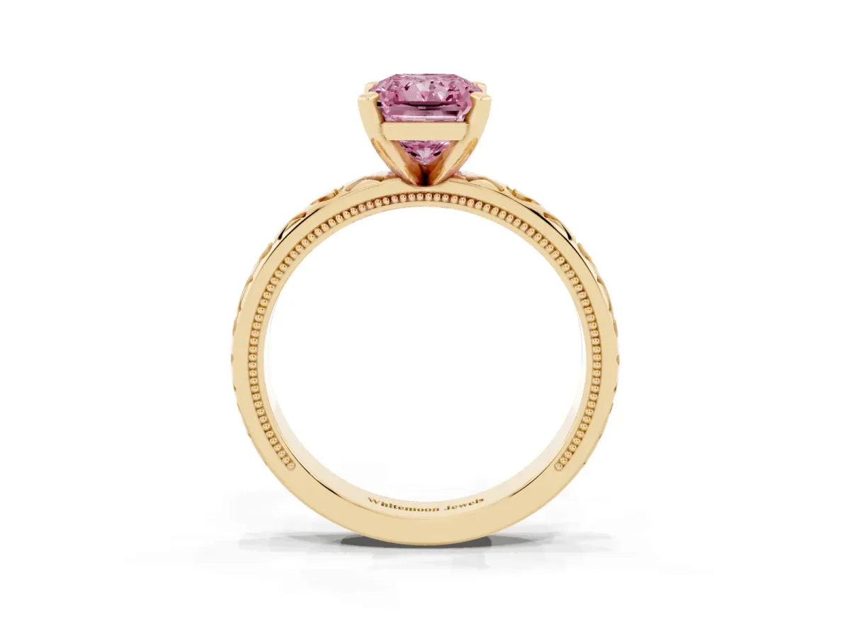 Fancy Pink Radiant Cut Solitaire Diamond Engagement Ring with XO Engraved Band and Four-Prong Setting Yellow gold