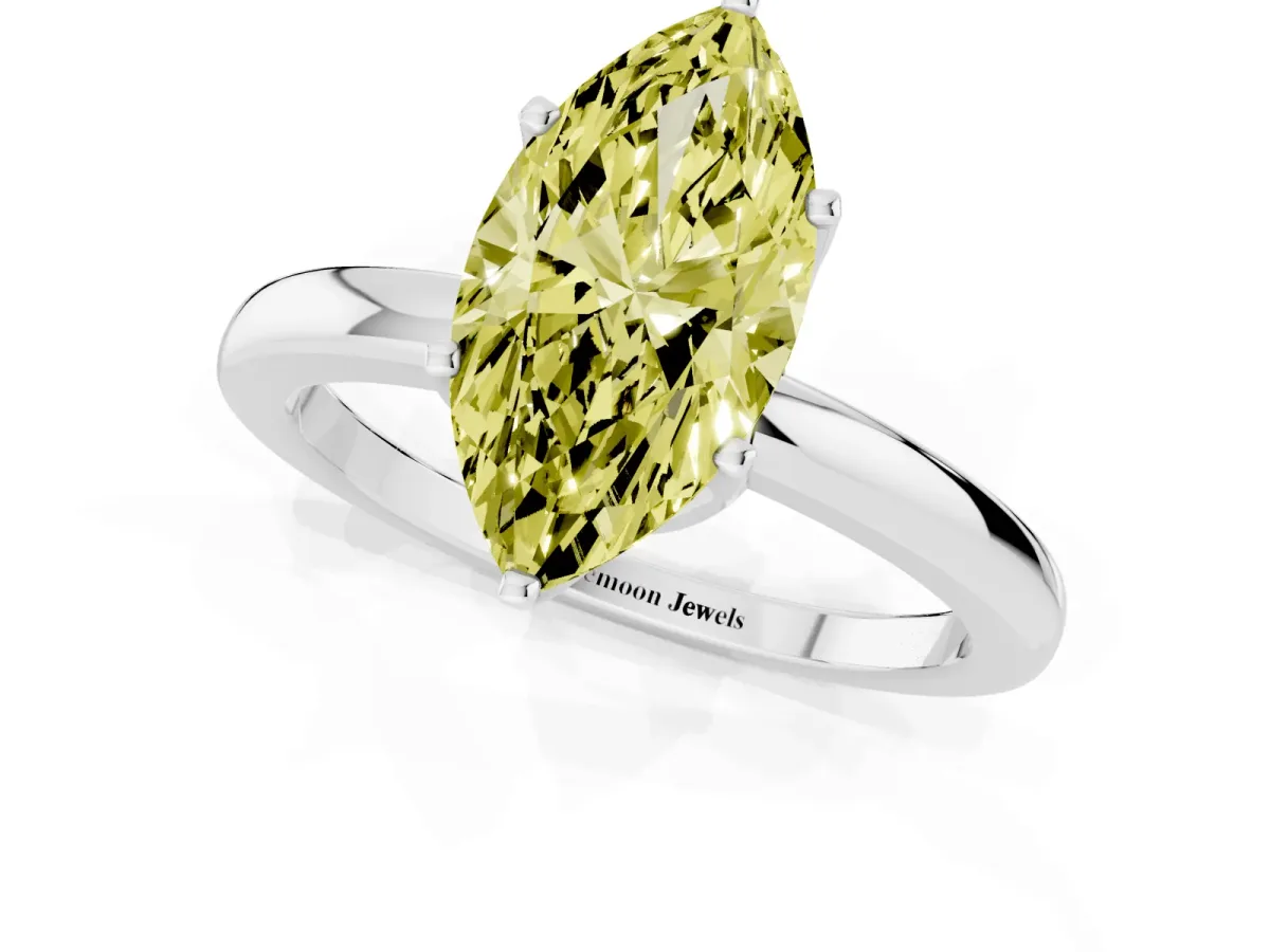 Fancy Yellow Marquise Cut Solitaire Diamond Ring with Six-Prong Setting on a Classic Band Silver