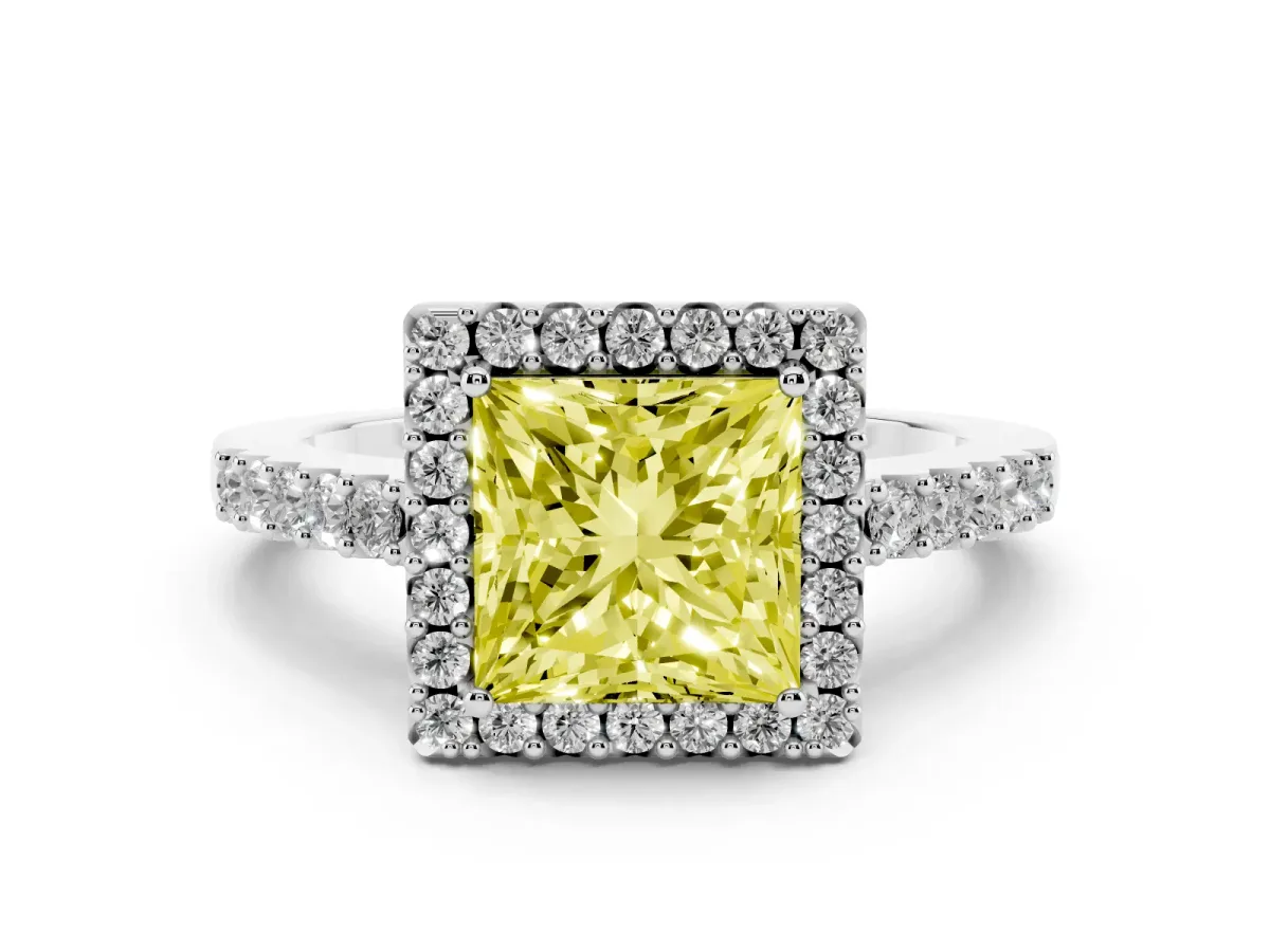 Fancy Yellow Princess Cut Halo Diamond Pavé Solitaire Ring Platinum
