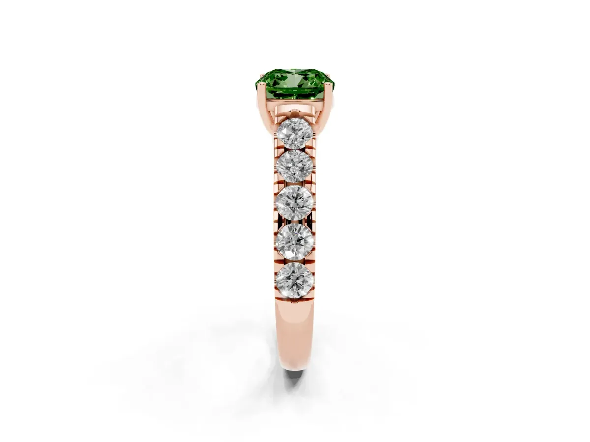 Fancy Green Cushion Cut Cut Diamond Solitaire Ring with Micro Pave Band and Prong Setting Rose gold