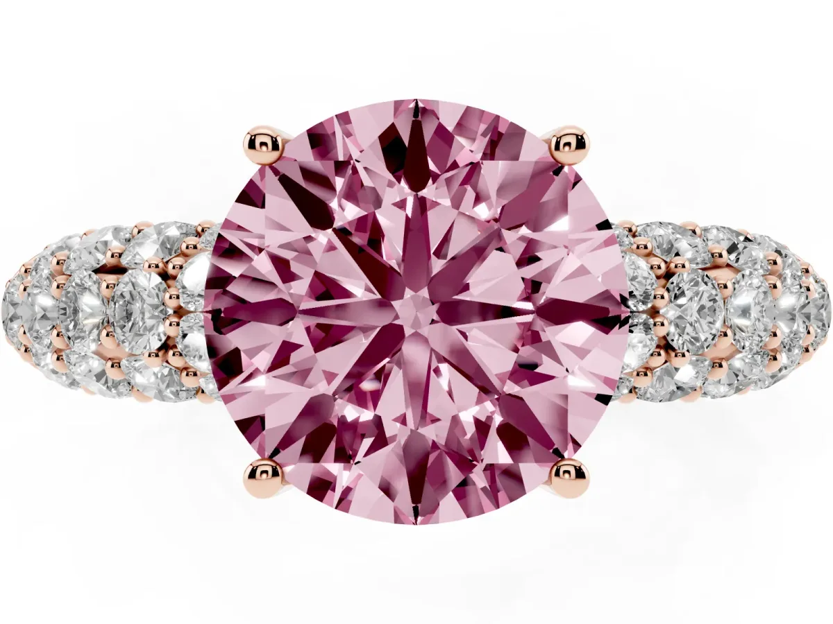 Fancy Pink Round Cut Diamond Pavé Band Solitaire Ring with Four-Prong Setting Rose gold