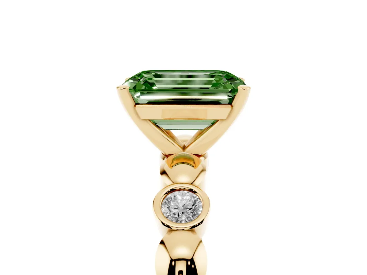 Fancy Green Emerald Cut Solitaire Bezel-Set Diamond Ring with Beaded Band and Four-Prong Setting Yellow gold