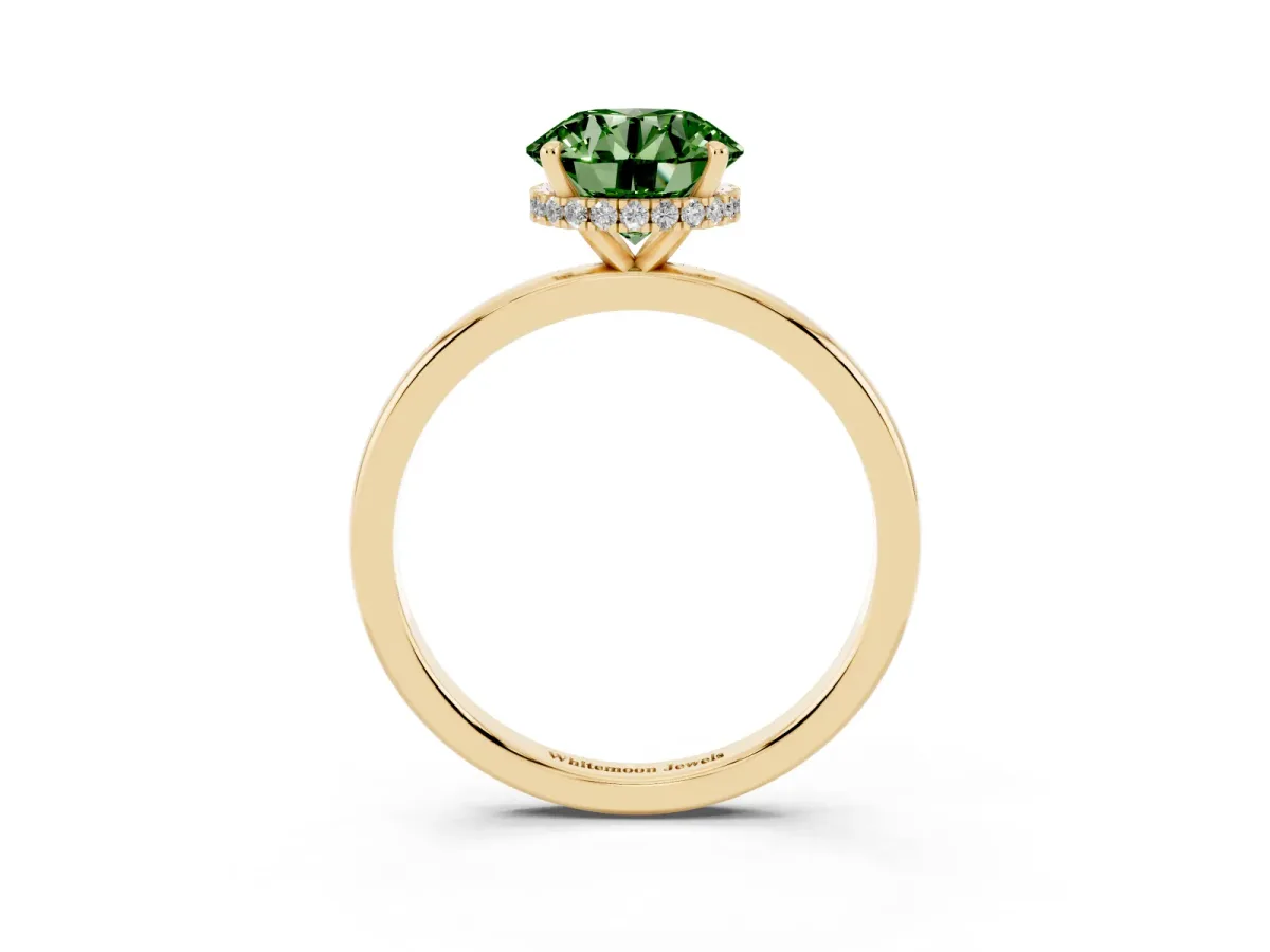 Fancy Green Round Cut Solitaire Engagement Ring with Cathedral Band and Four-Prong Setting Yellow gold