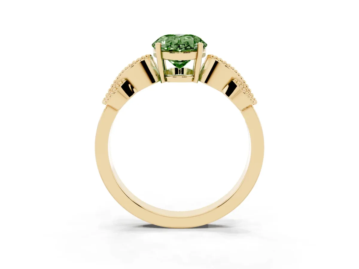 Fancy Green Oval Cut Solitaire Milgrain Leaf Band with Prong Setting Yellow gold