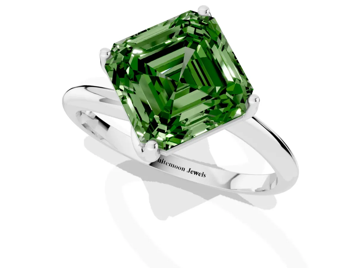 Fancy Green Asscher Cut Diamond Solitaire Engagement Ring with Four-Prong Setting and Classic Band Silver