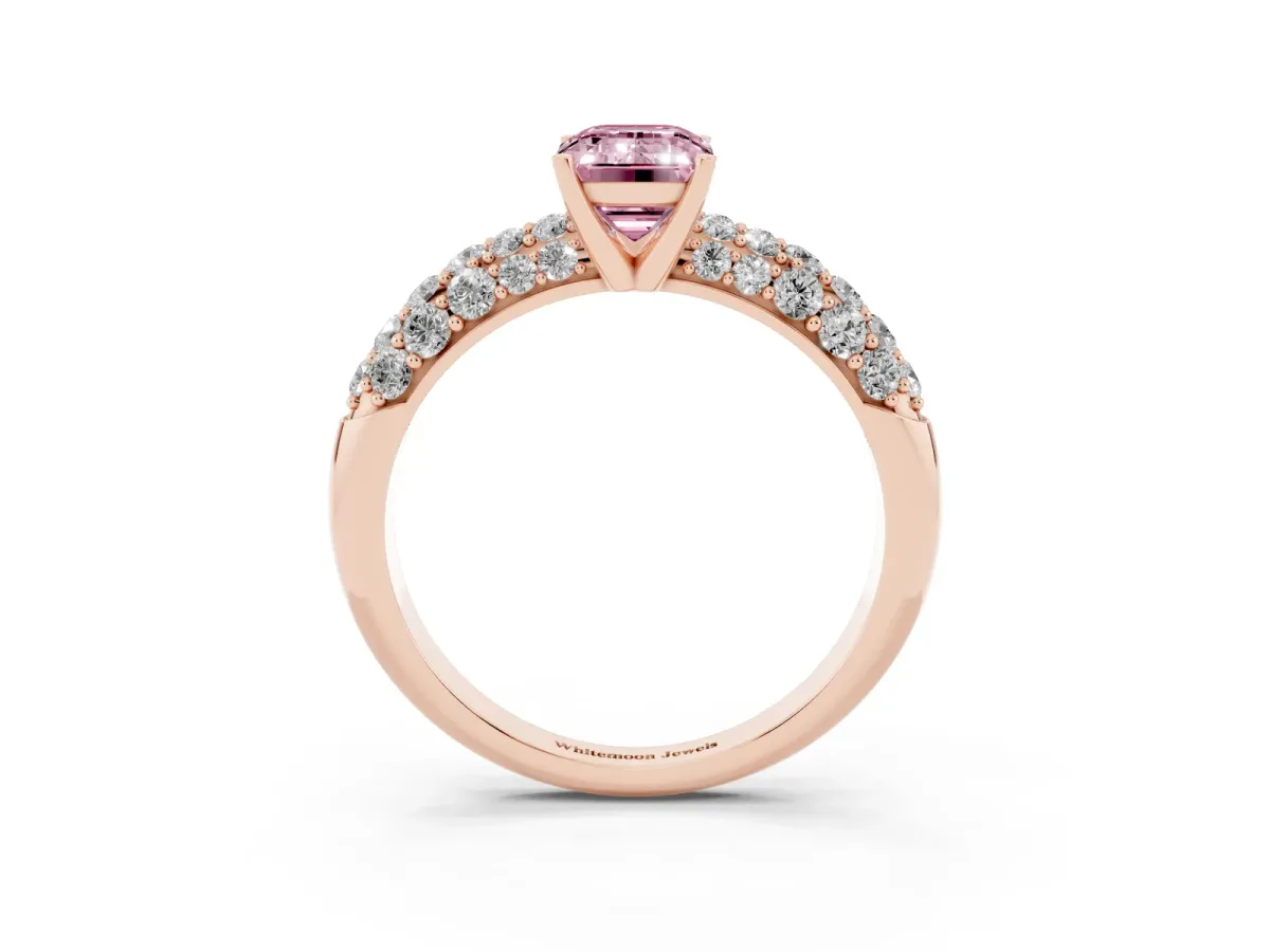 Fancy Pink Emerald Cut Diamond Pavé Band Solitaire Ring with Four-Prong Setting Rose gold