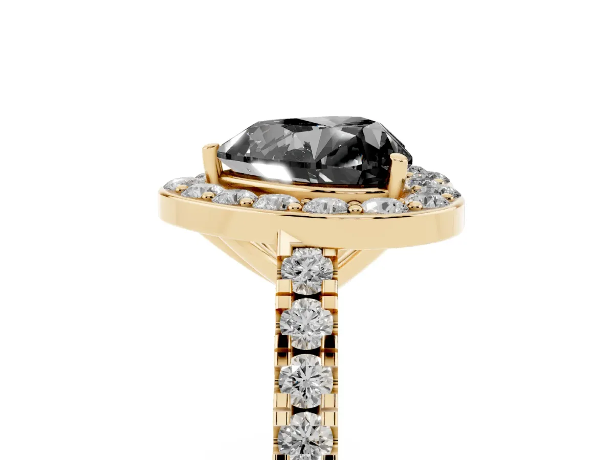 Fancy Black Heart Cut Diamond Halo Ring with Round Pavé Split Shank and Prong Setting Yellow gold