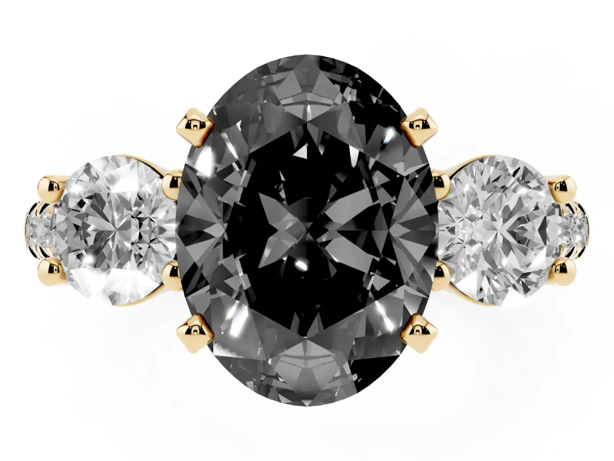 Fancy Black Three-Stone Oval Cut Diamond Pavé Band with Four-Prong Setting Yellow gold