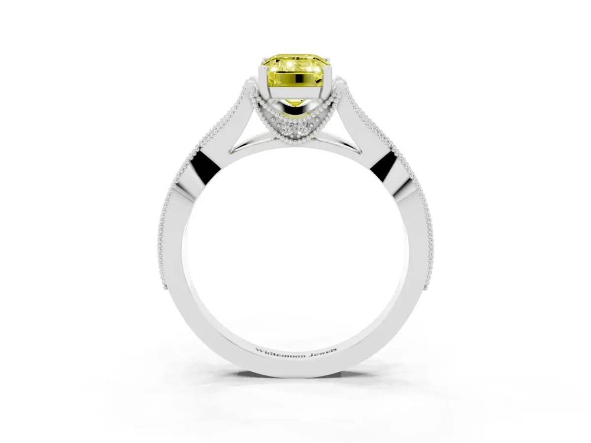 Fancy Yellow Emerald Cut Cut Diamond Twisted Band with Milgrain Pave Setting and Four-Prong Setting Silver