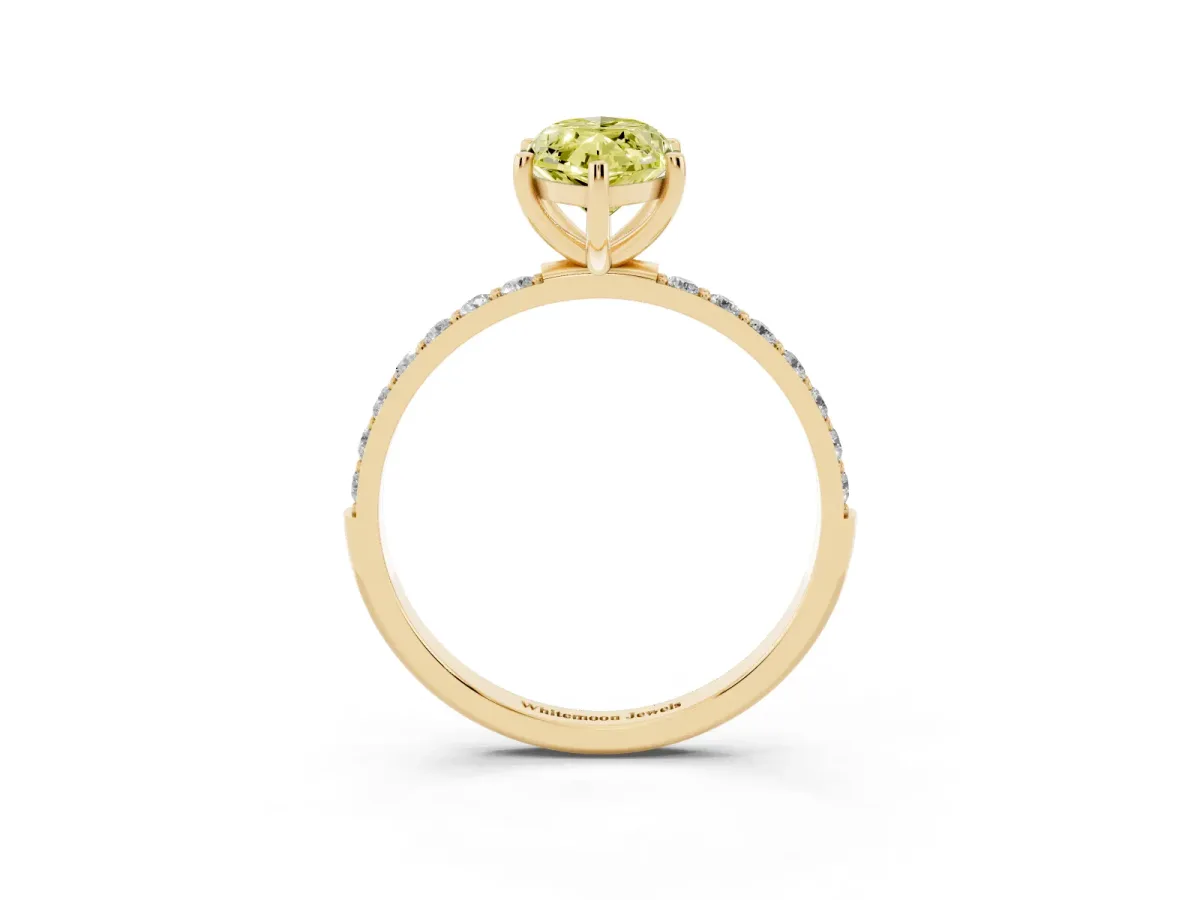 Fancy Yellow Marquise Cut Diamond Solitaire Ring with Round Pavé Shoulders and Prong Setting Yellow gold