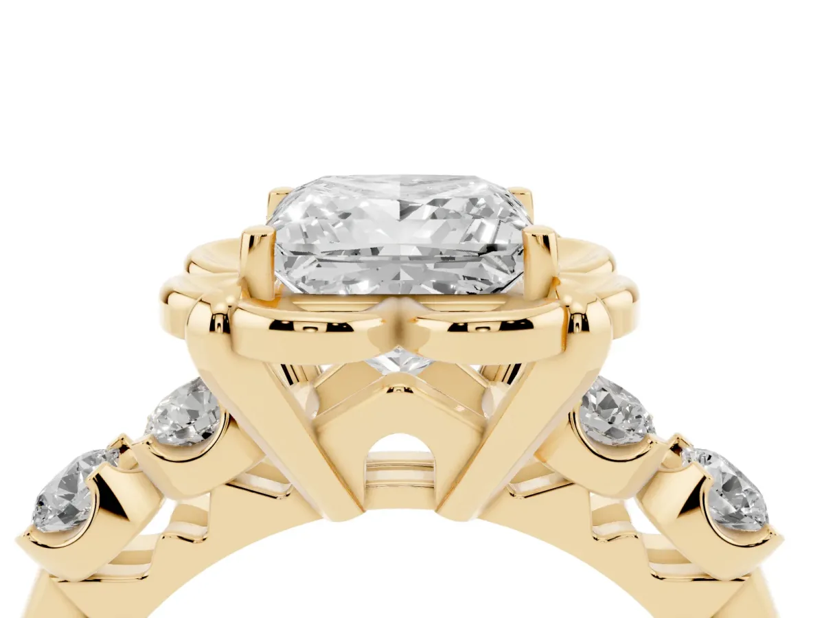 Princess Cut Cut Diamond Floral Halo Engagement Ring with Shared Prong Setting Yellow gold