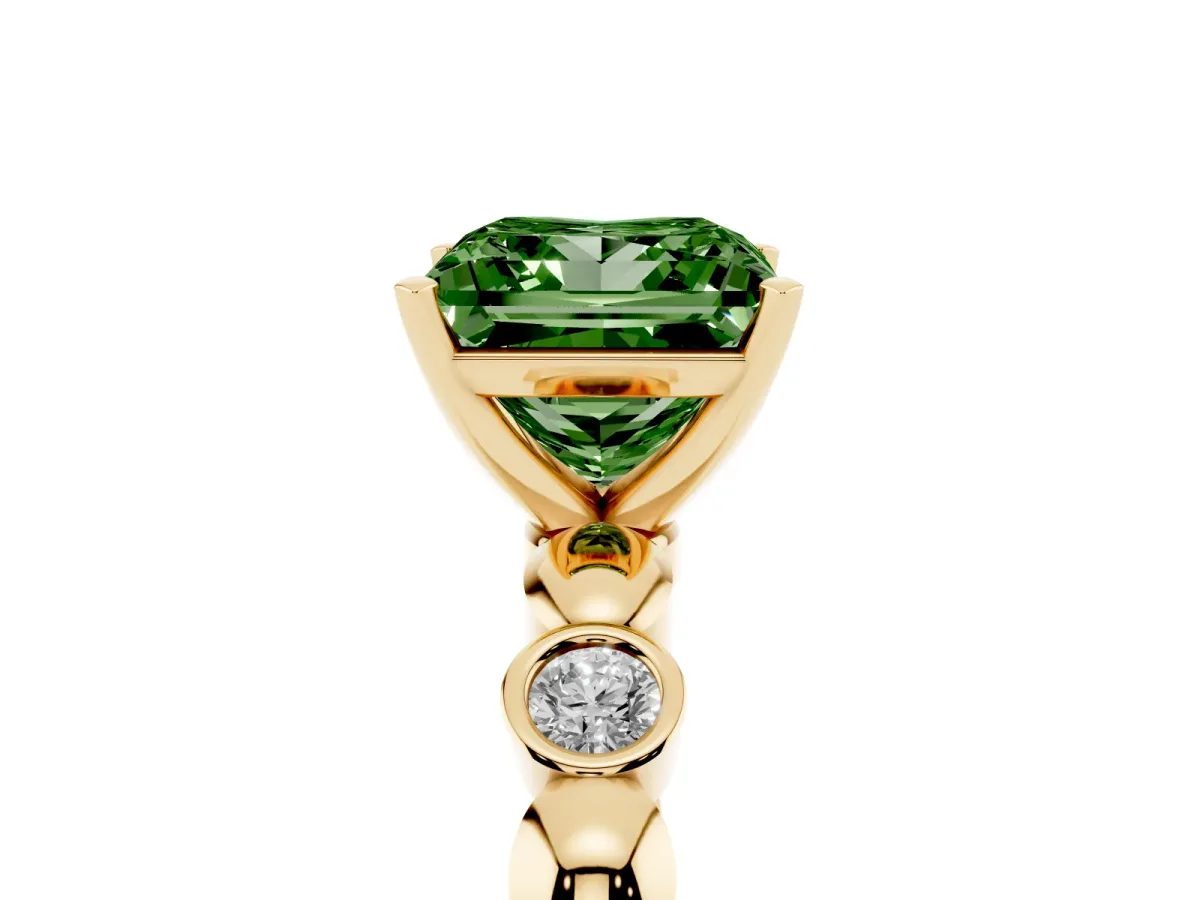 Fancy Green Princess Cut Solitaire Bezel-Set Diamond Ring with Beaded Band and Four-Prong Setting Yellow gold