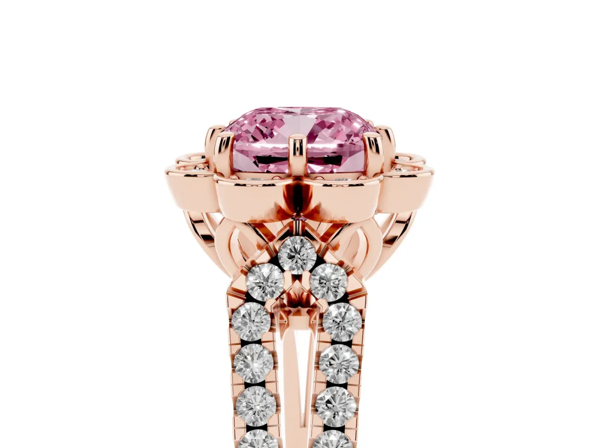 Fancy Pink Cushion Cut Halo Diamond Floral Split Shank Engagement Ring Rose gold