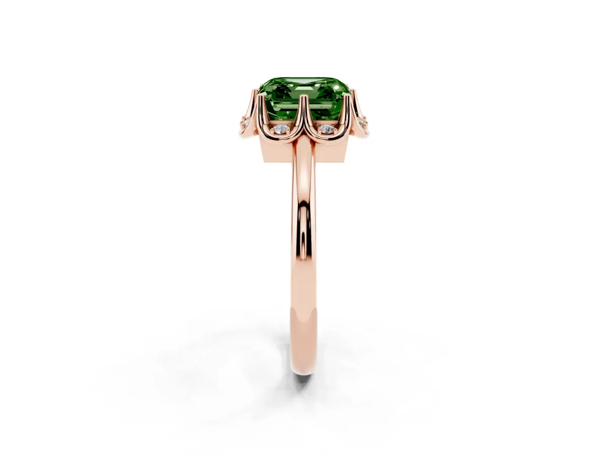 Fancy Green Asscher Cut Halo Diamond Ring with Round Cluster Setting, Solitaire Band, and Four-Prong Setting Rose gold