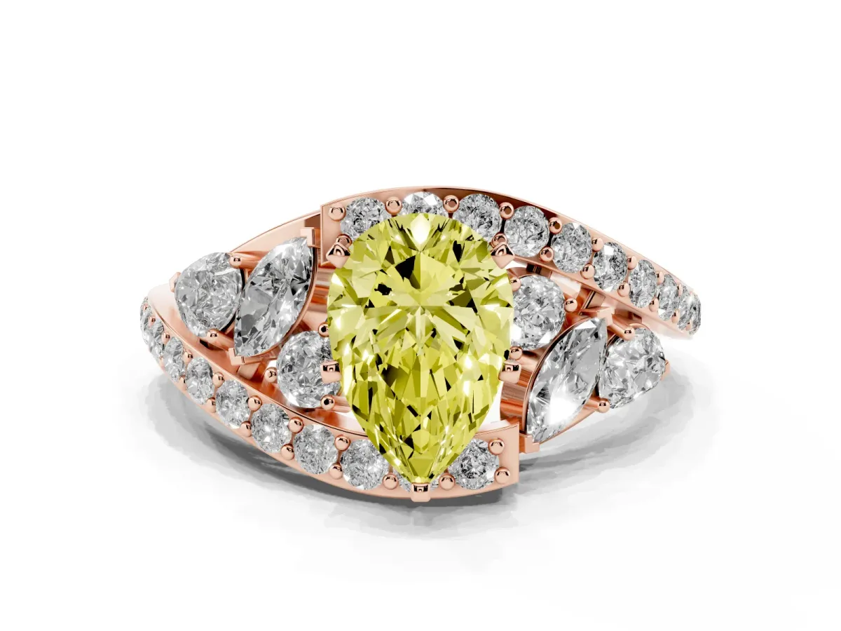 Fancy Yellow Pear Cut Diamond Halo Ring with Marquise and Pavé Band in Prong Setting Rose gold