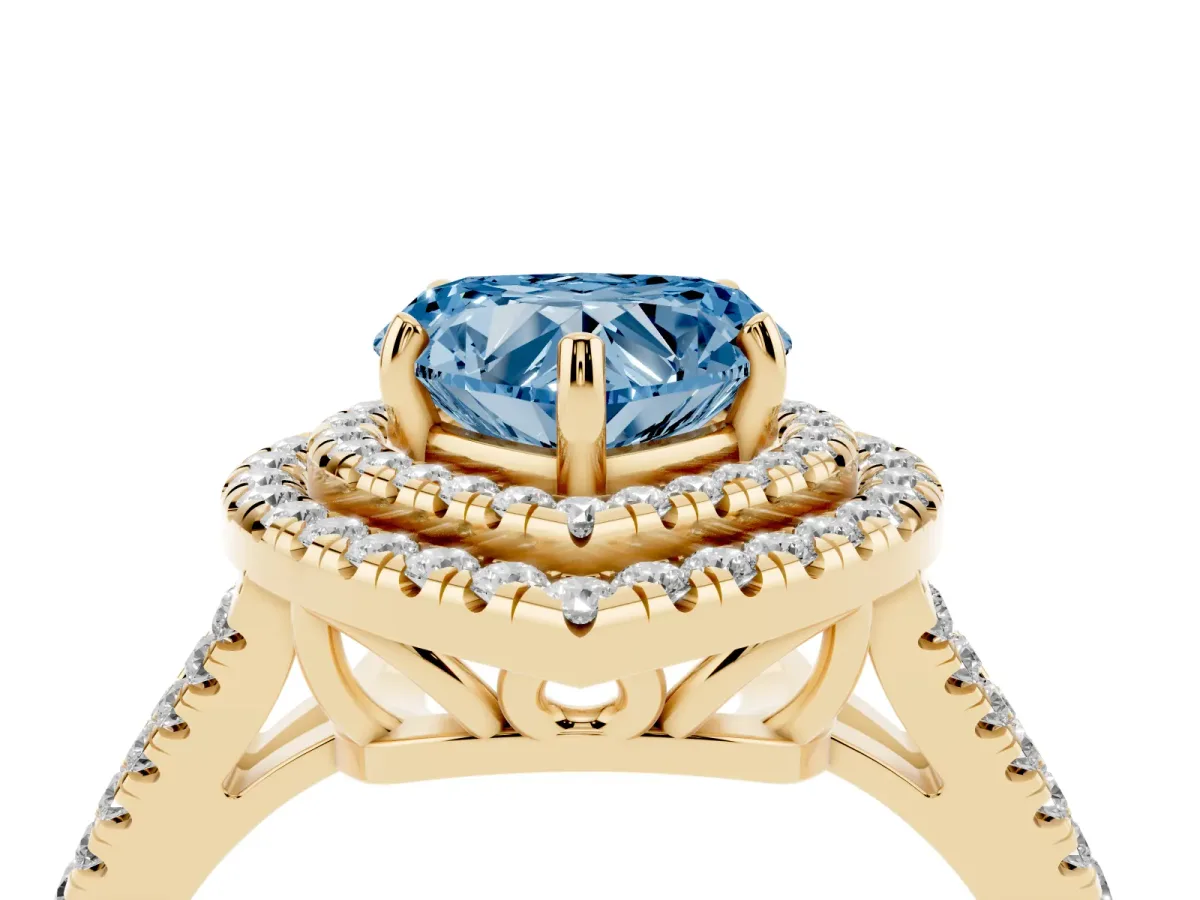 Fancy Blue Heart Cut Diamond Double Halo Ring with Pavé Band and Prong Setting Yellow gold