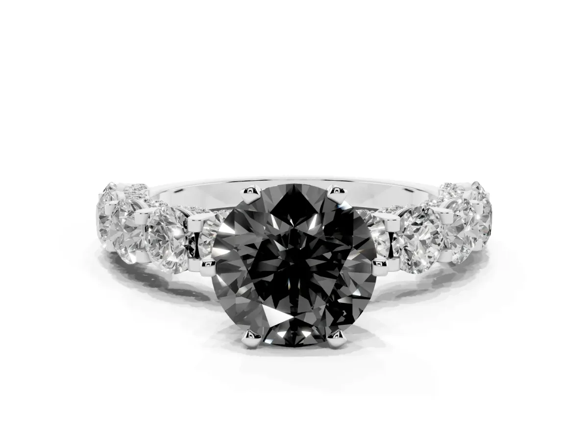 Fancy Black Round Cut Diamond Side Stone Engagement Ring with Four-Prong Setting Platinum