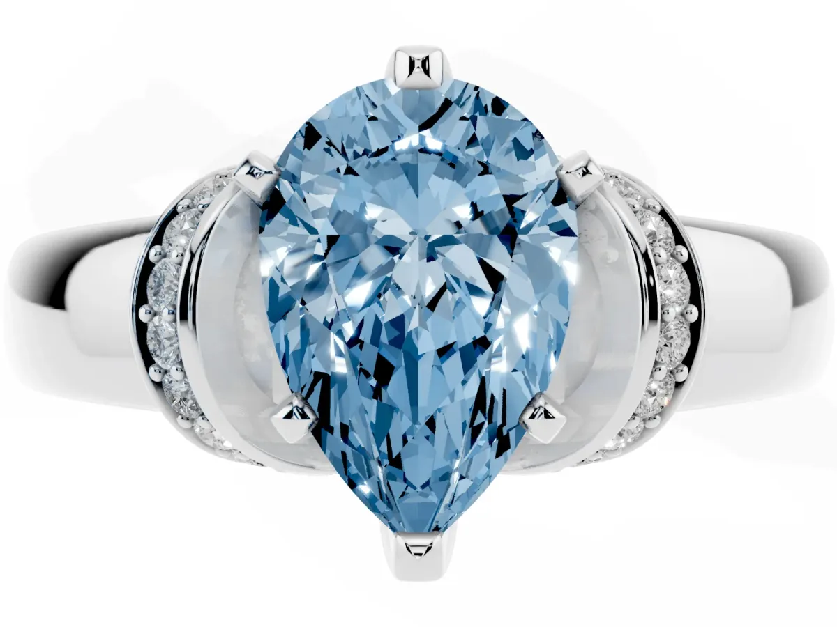 Fancy Blue Pear Cut Solitaire Diamond Ring with Pave Band and Six-Prong Setting Silver