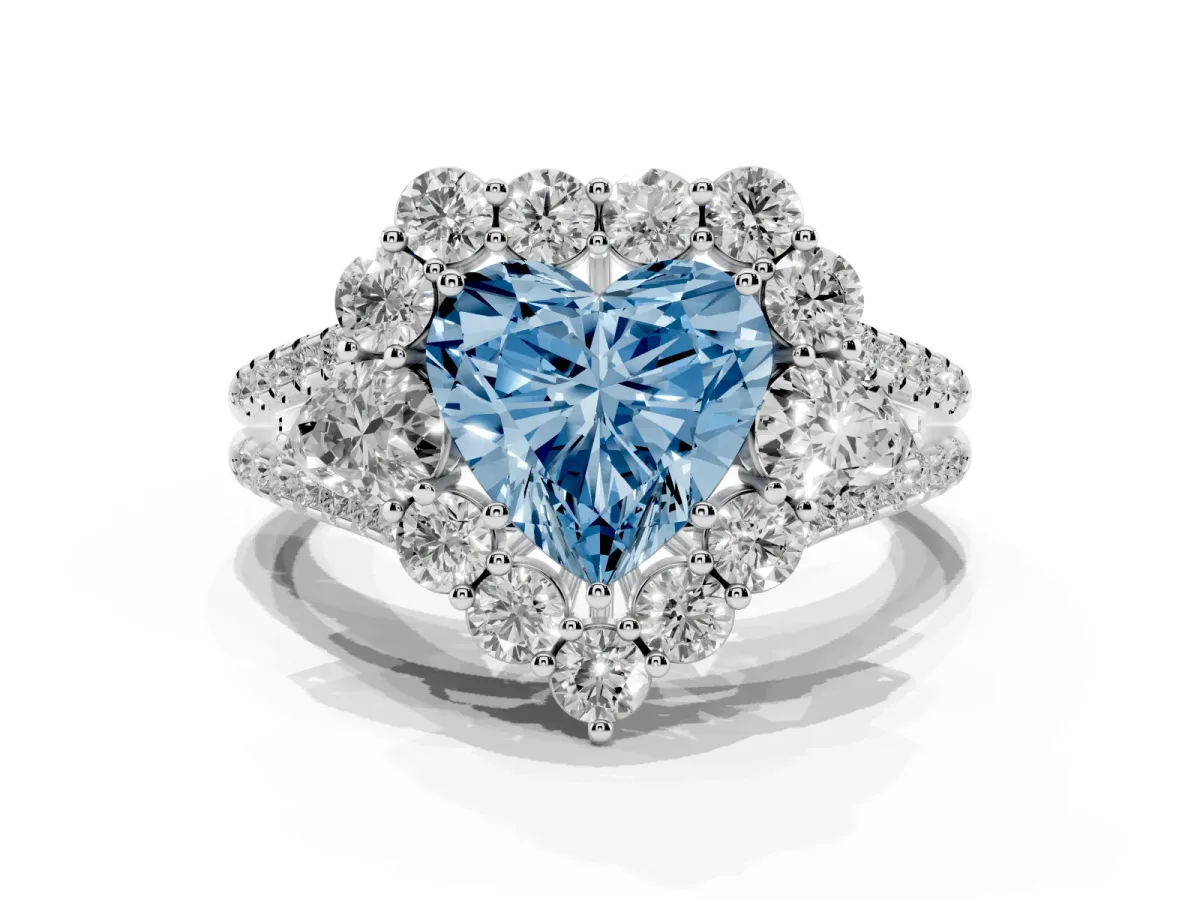 Fancy Blue Heart Cut Halo Split Shank Diamond Engagement Ring with Prong Setting Silver