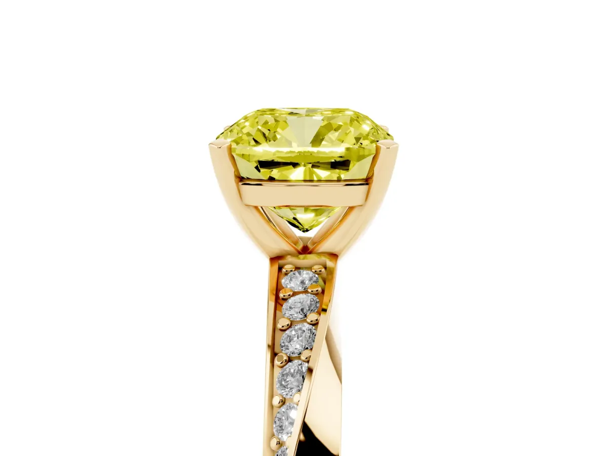 Fancy Yellow Cushion Cut Diamond Engagement Ring with Side Stone Accents and Four-Prong Setting Yellow gold