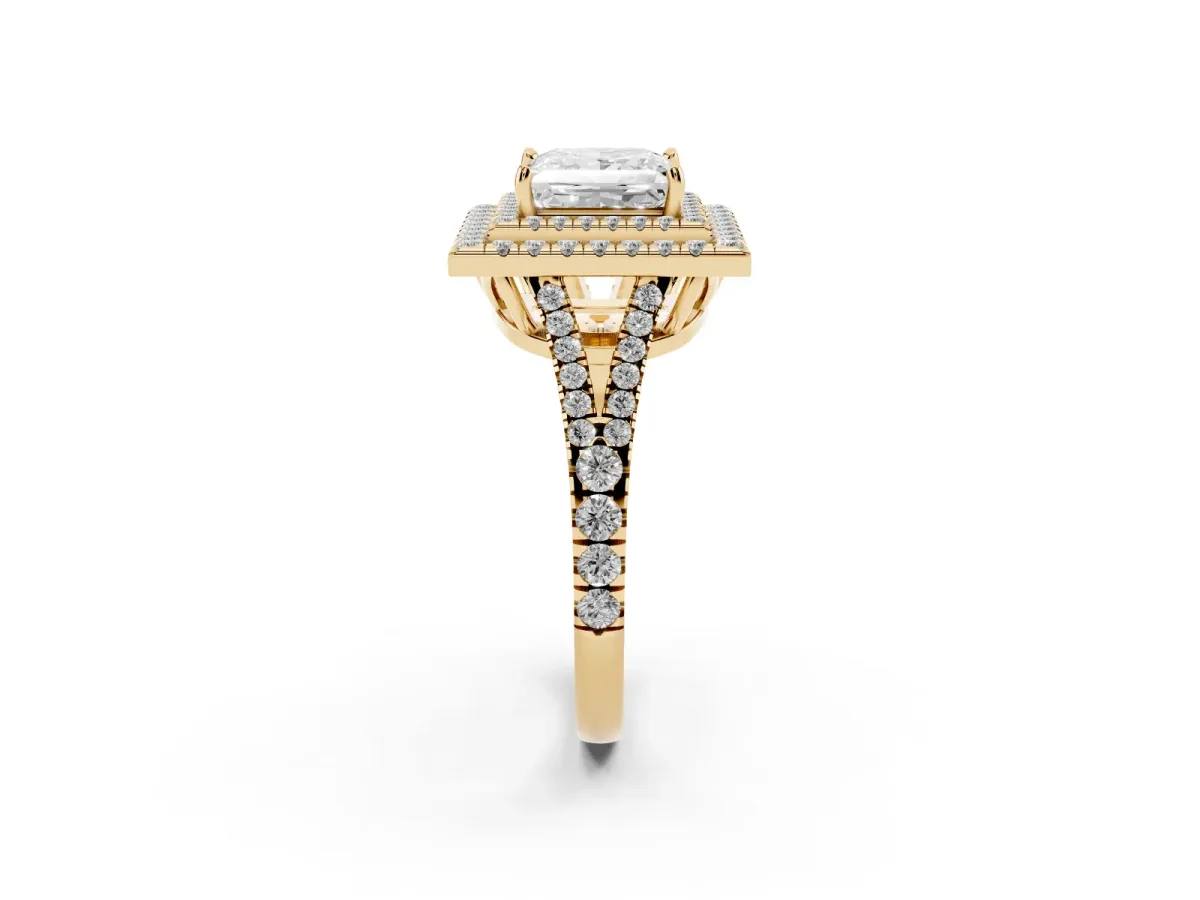 Princess Cut Diamond Double Halo Ring with Pavé Band and Prong Setting Yellow gold