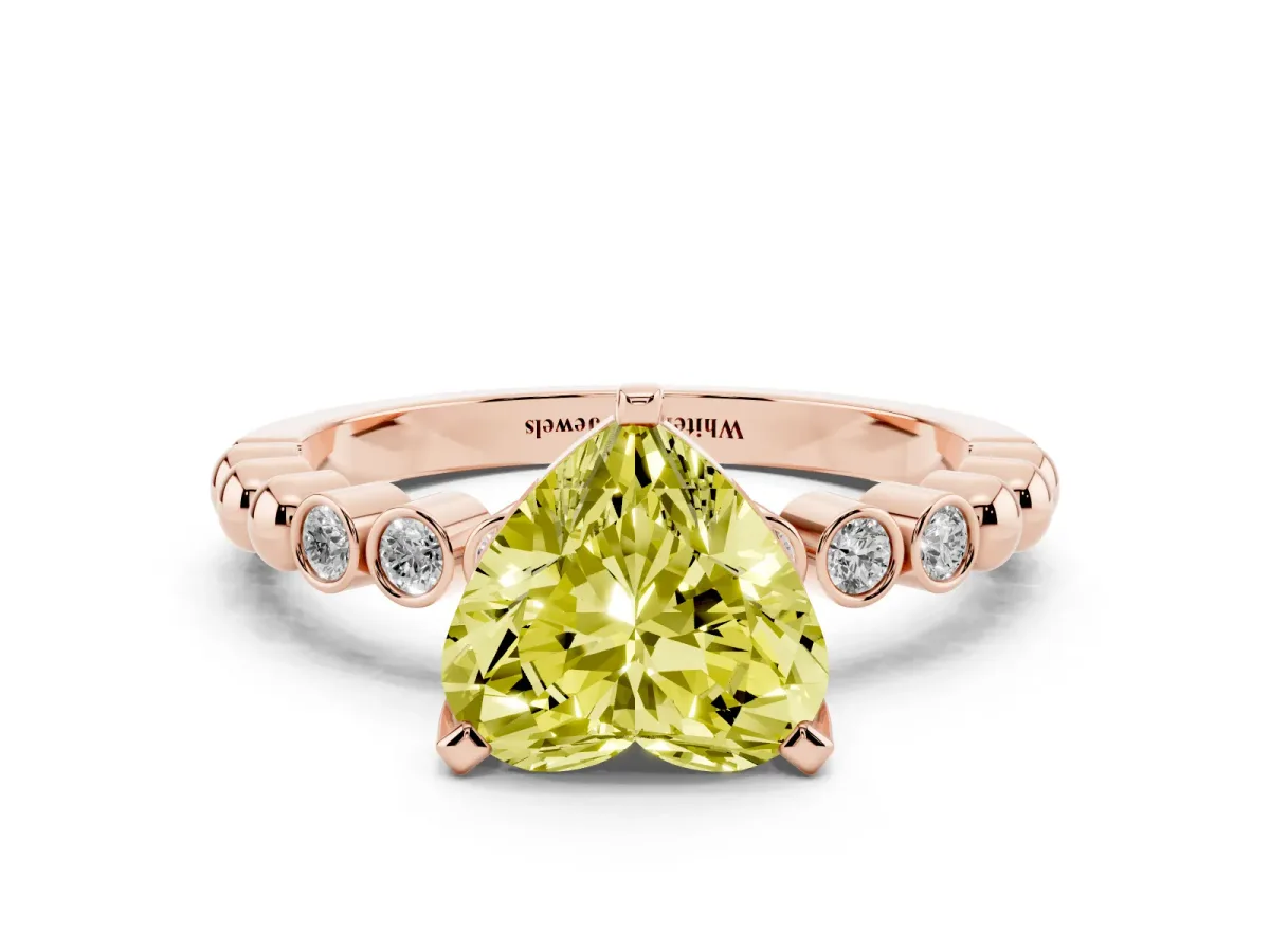 Fancy Yellow Heart Cut Solitaire Bezel Accent Diamond Engagement Ring with Beaded Band and Four-Prong Setting Rose gold
