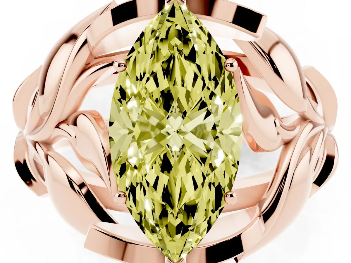 Fancy Yellow Marquise Cut Diamond Leaf-Inspired Engagement Ring with Round Accents and Prong Setting Rose gold