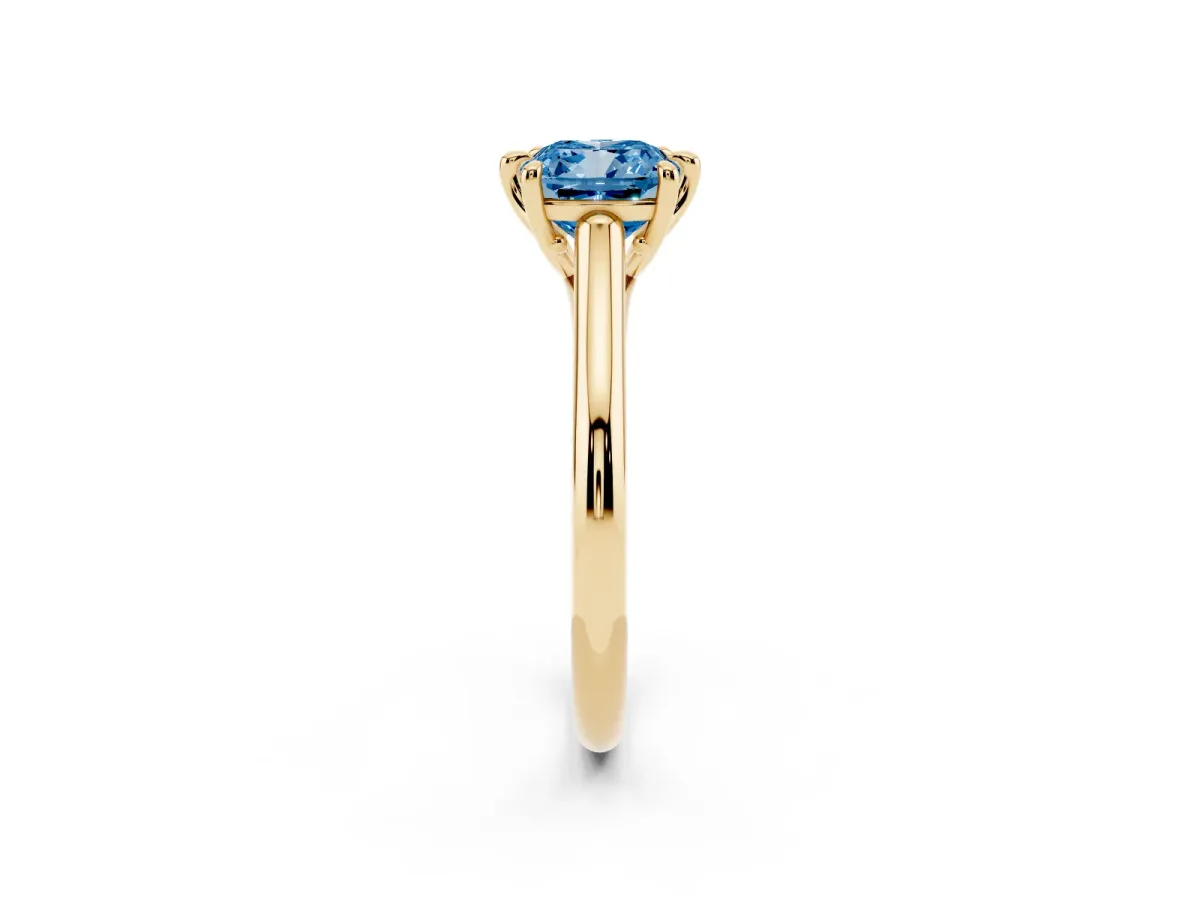 Fancy Blue Cushion Cut Solitaire Engagement Ring with Six-Prong Setting and Classic Band Yellow gold