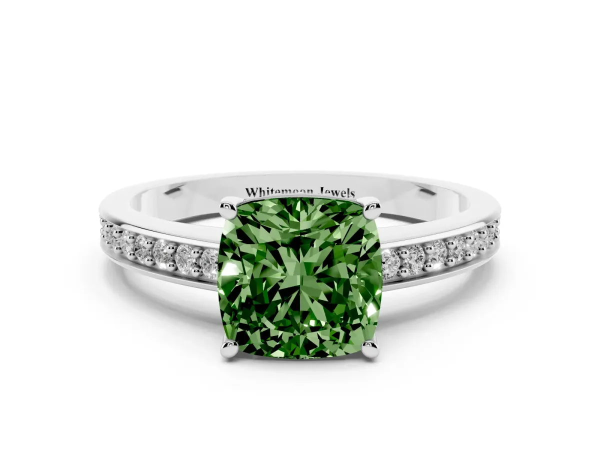 Fancy Green Cushion Cut Solitaire Pavé Band Prong Setting Ring Silver