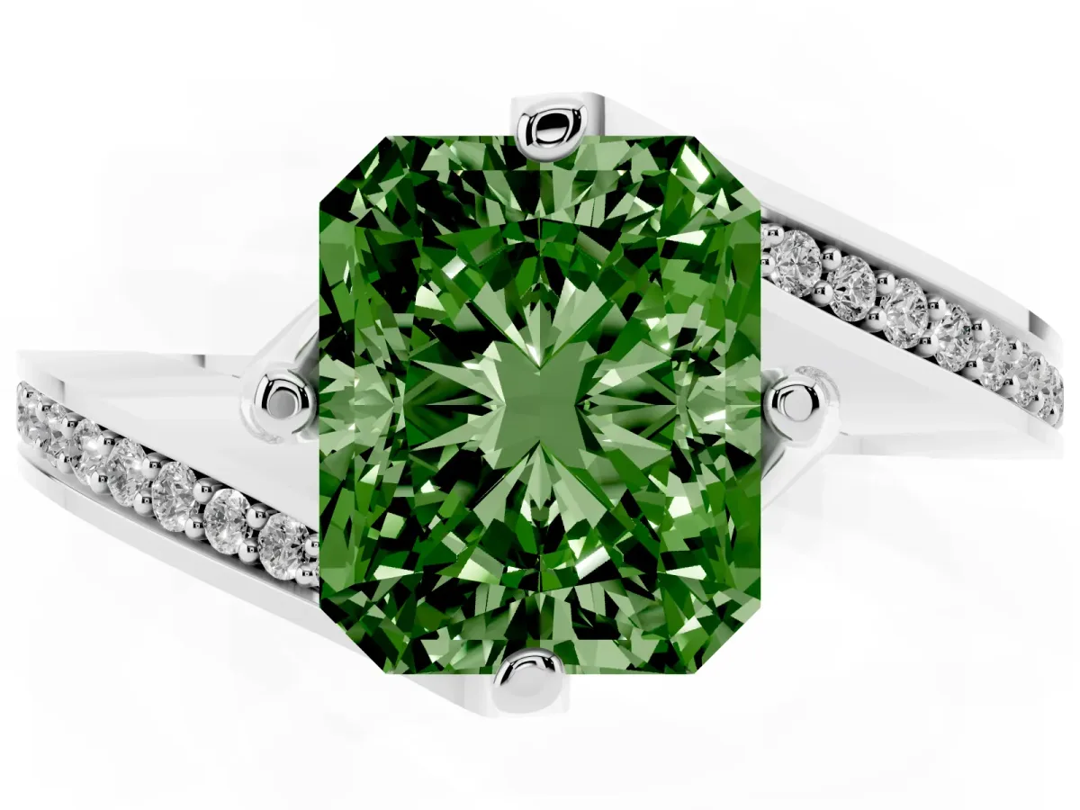 Fancy Green Radiant Cut Solitaire Diamond Twist Band with Pavé Setting and Four-Prong Setting Silver