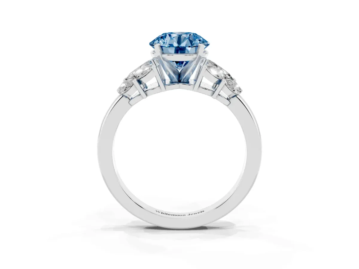 Fancy Blue Round Cut Diamond Cluster Leaf Design Ring with Prong Setting Silver
