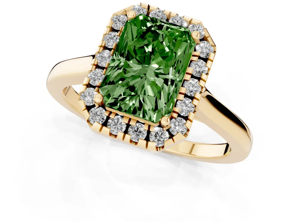 Fancy Green Radiant Cut Halo Round Diamond Solitaire Ring with Pavé Band and Four-Prong Setting Yellow gold