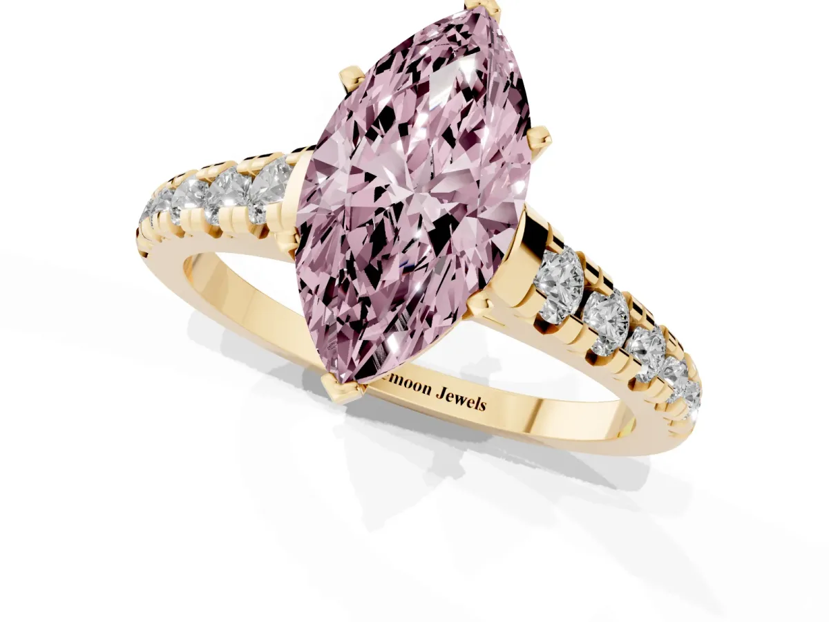 Fancy Pink Marquise Cut Diamond Cathedral Solitaire Ring with Round Pavé Band Yellow gold