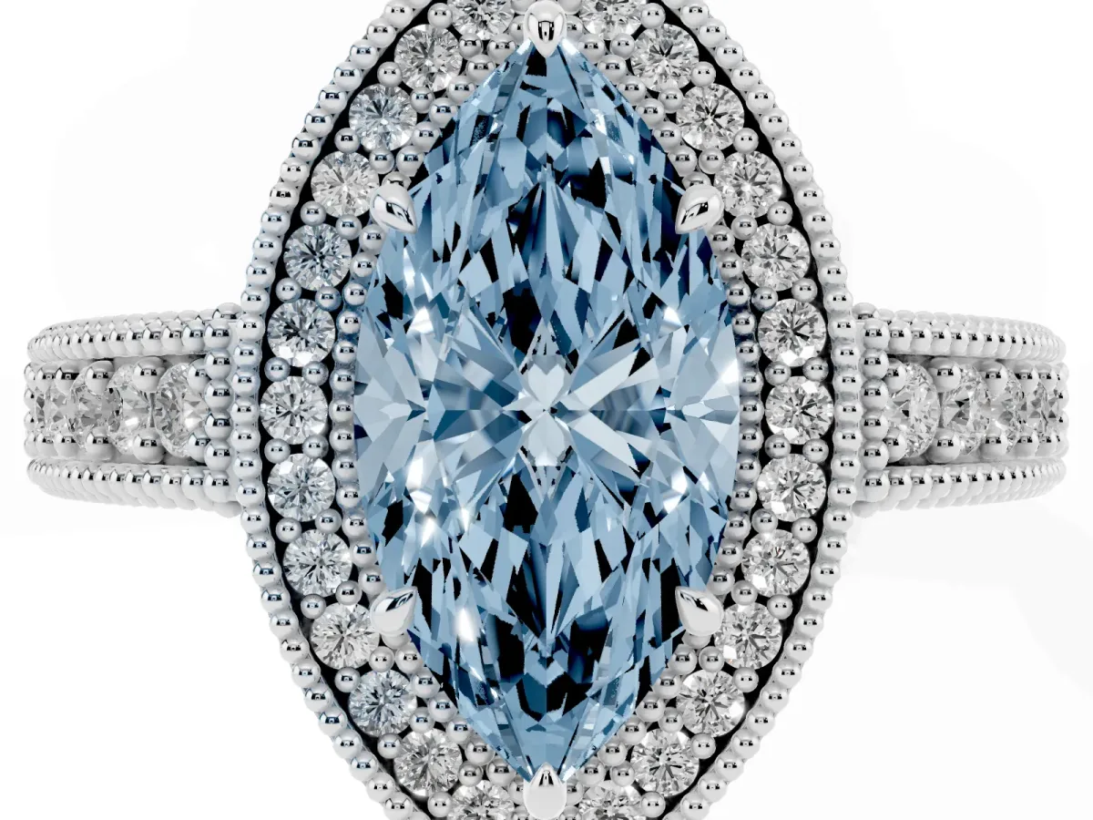 Fancy Blue Marquise Cut Cut Halo Diamond Ring with Pavé Band and Four-Prong Setting White gold