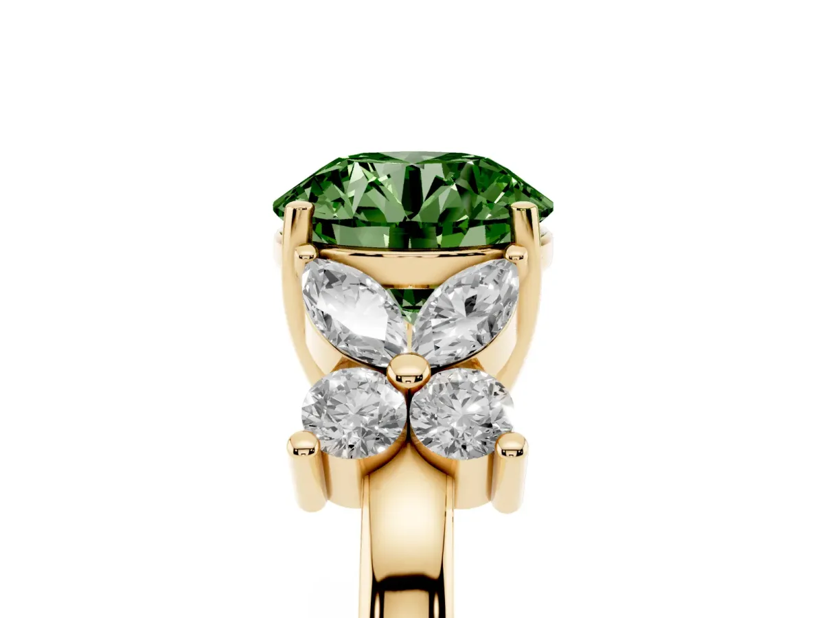 Fancy Green Round Cut Diamond Floral Cluster Ring with Solitaire Band and Prong Setting Yellow gold