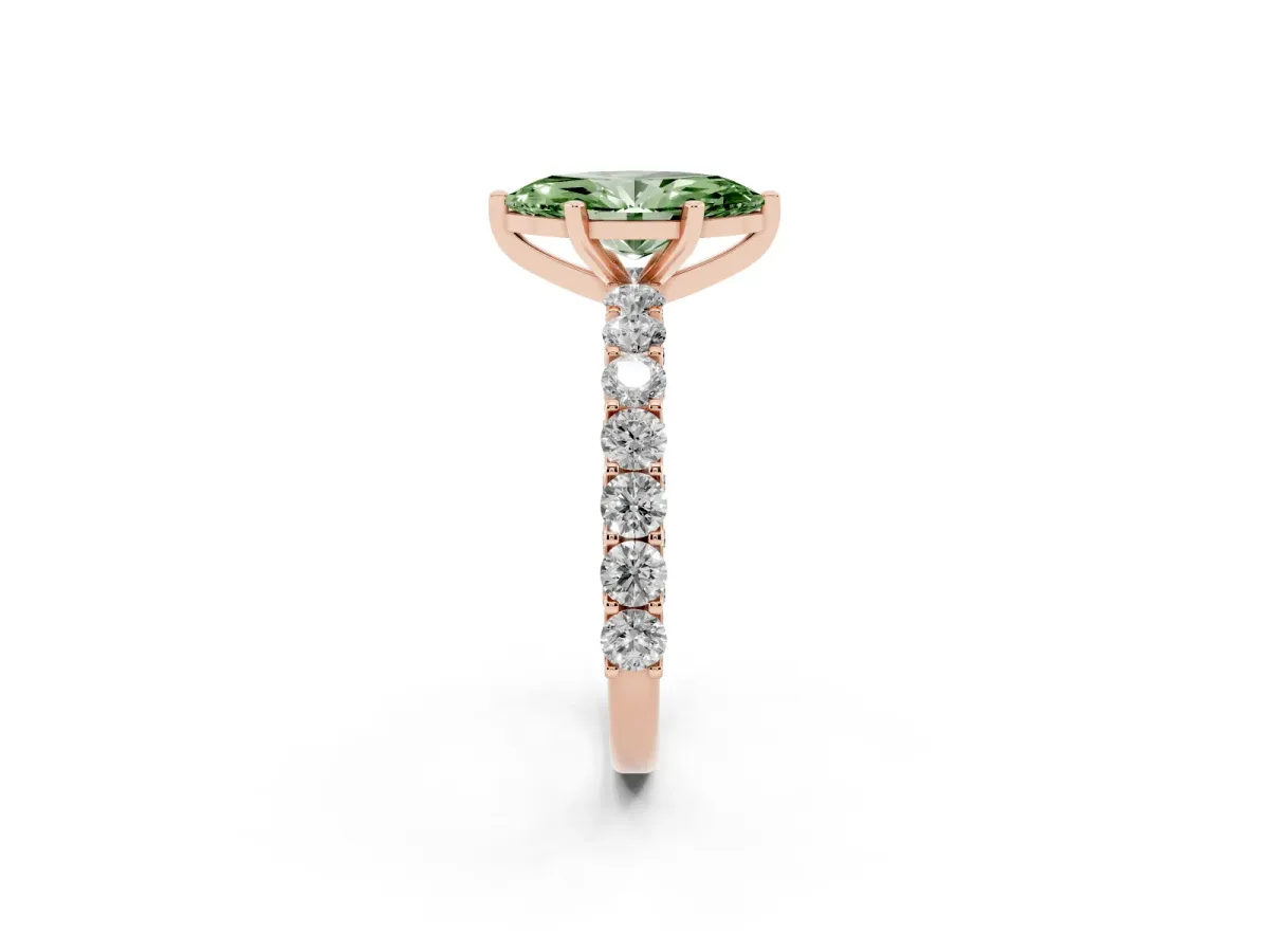 Fancy Green Marquise Cut Diamond Solitaire Ring with Shared Prong Pavé Band and Four-Prong Setting Rose gold