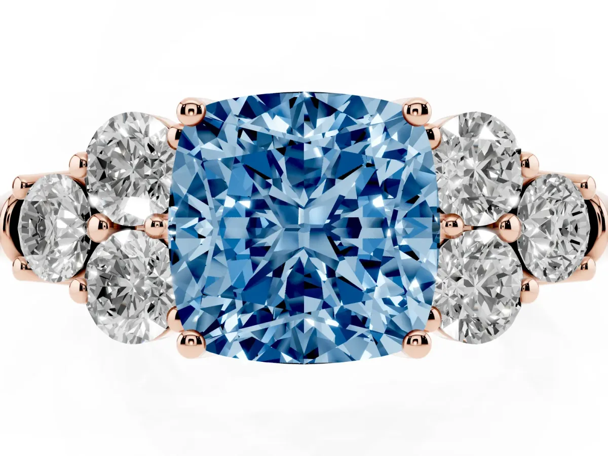 Fancy Blue Cushion Cut Cut Diamond Cluster Ring with Round Accent Stones and Prong Setting on a Classic Band Rose gold