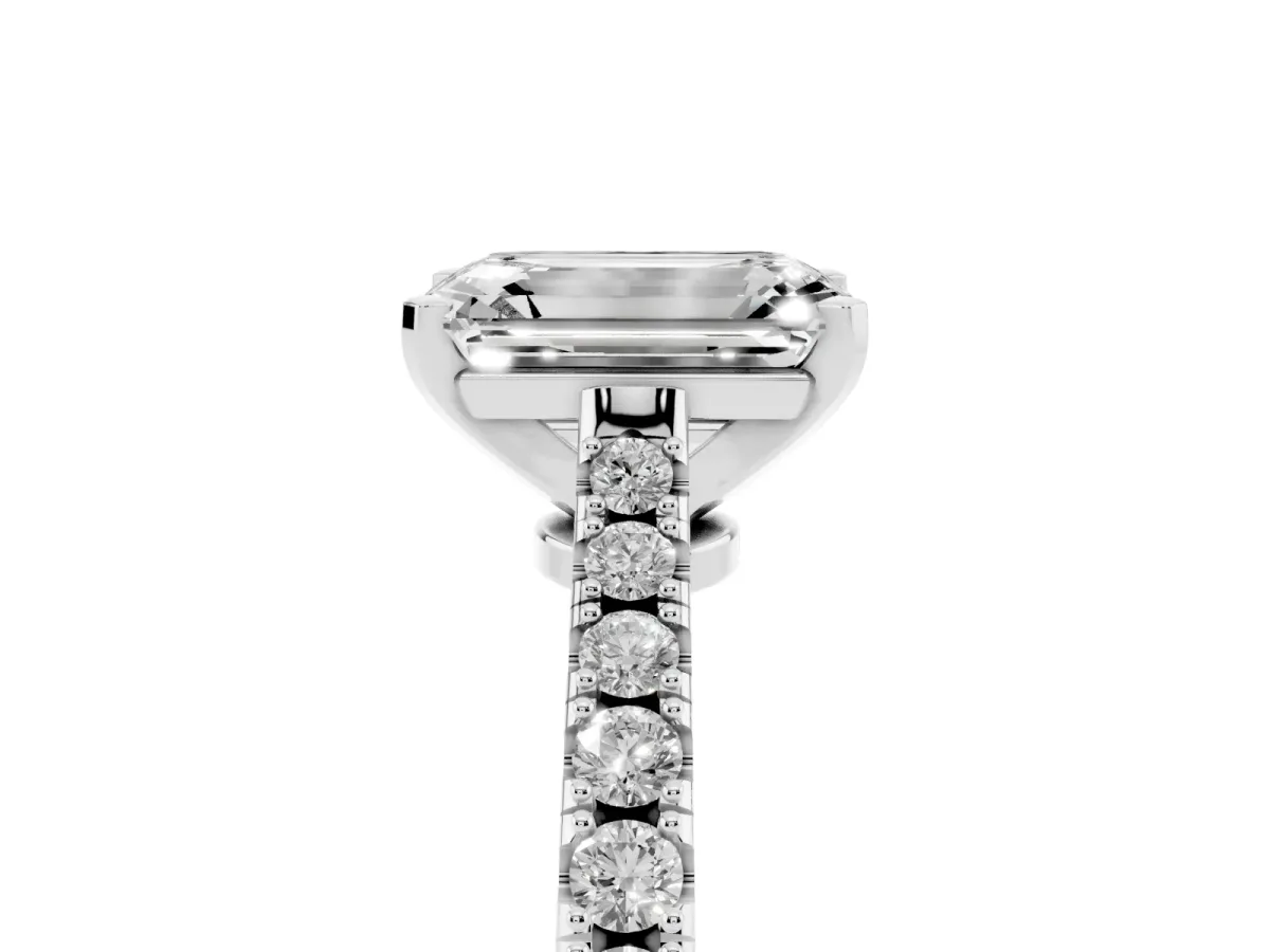 Emerald Cut Cut Solitaire Diamond Engagement Ring with Pave Band and Four-Prong Setting White gold