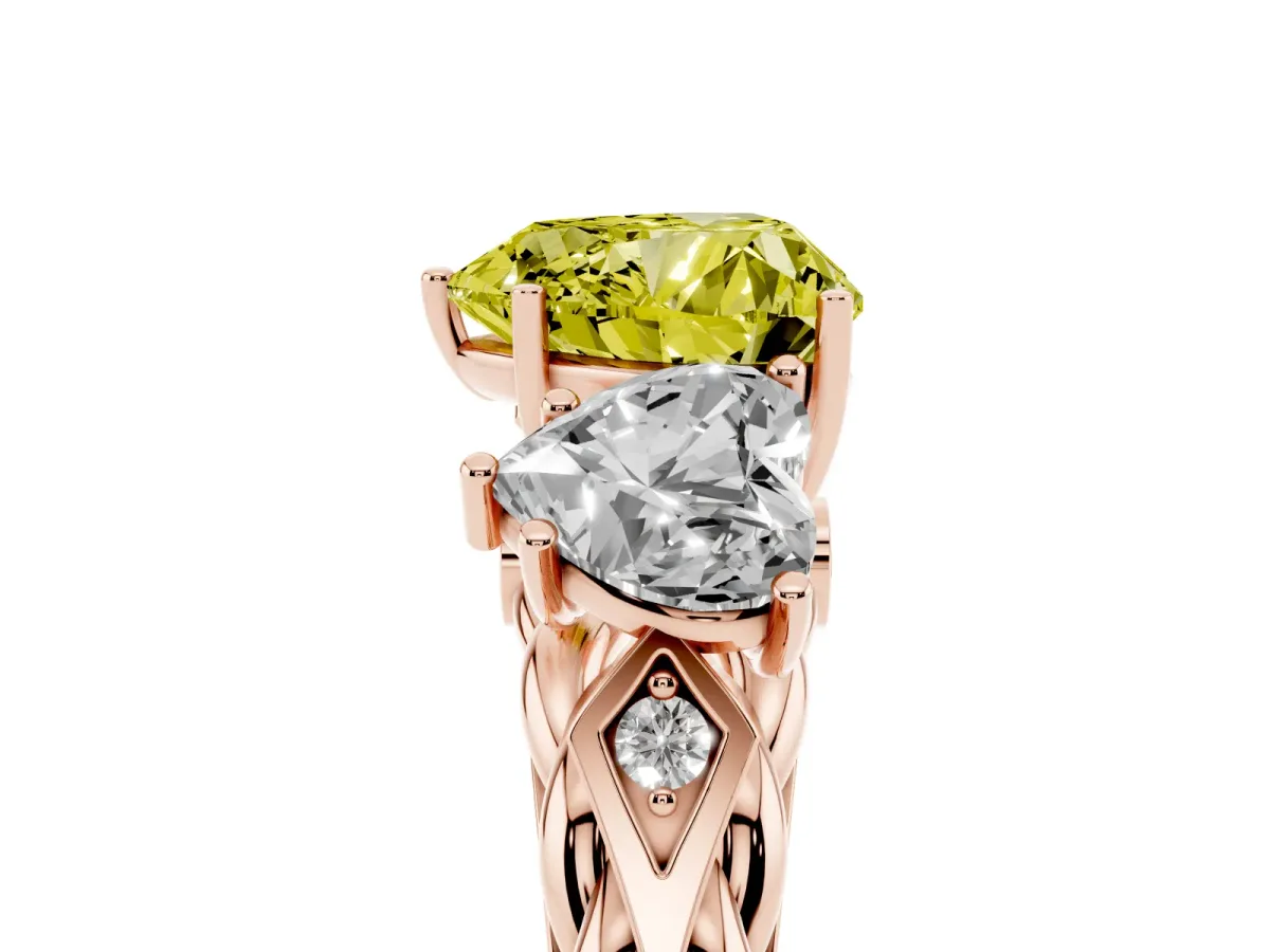 Fancy Yellow Three-Stone Heart Cut Diamond Braided Band Ring with Four-Prong Setting Rose gold