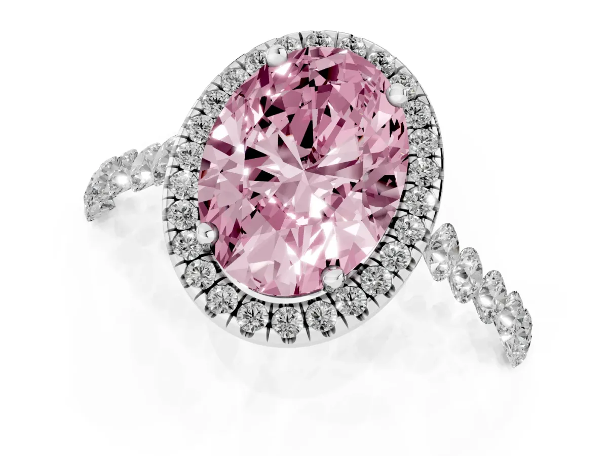 Fancy Pink Oval Cut Halo Pavé Diamond Engagement Ring with Four-Prong Setting Platinum