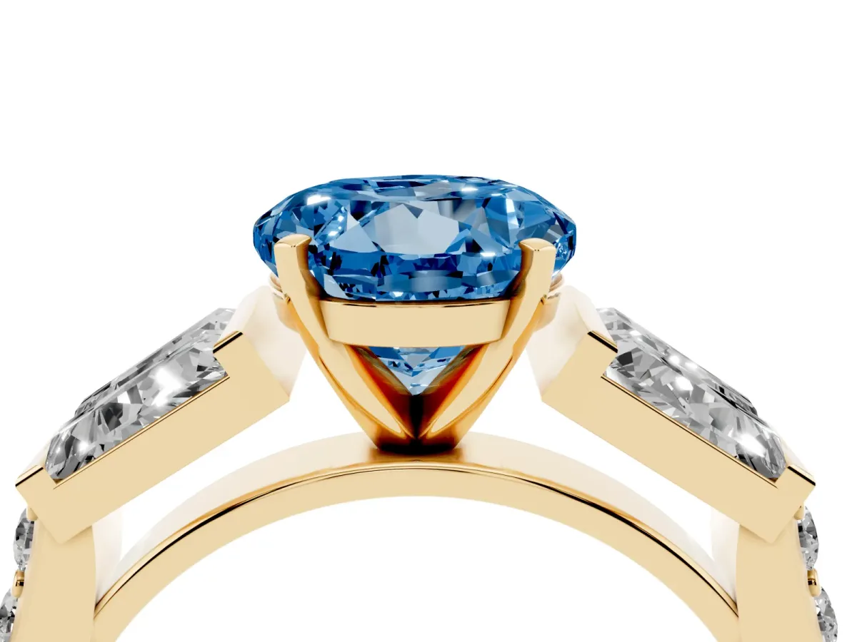 Fancy Blue Round Cut Diamond Engagement Ring with Baguette Side Stones and Channel Set Band Yellow gold