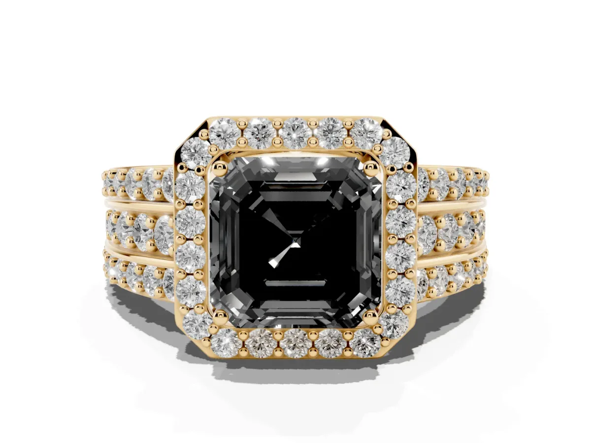 Fancy Black Asscher Cut Halo Diamond Ring with Round Split Shank and Prong Setting Yellow gold