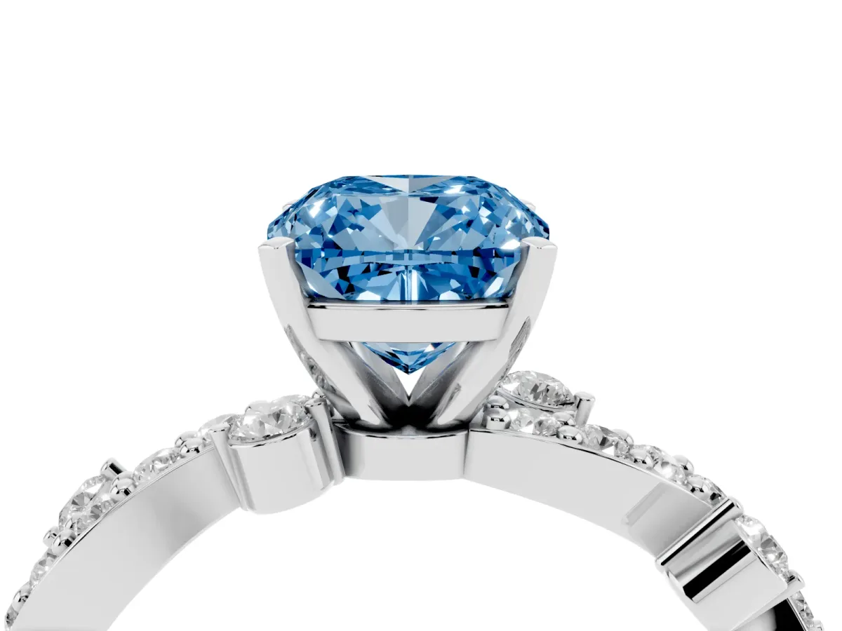 Fancy Blue Cushion Cut Cut Solitaire Diamond Twisted Band with Pave Setting White gold