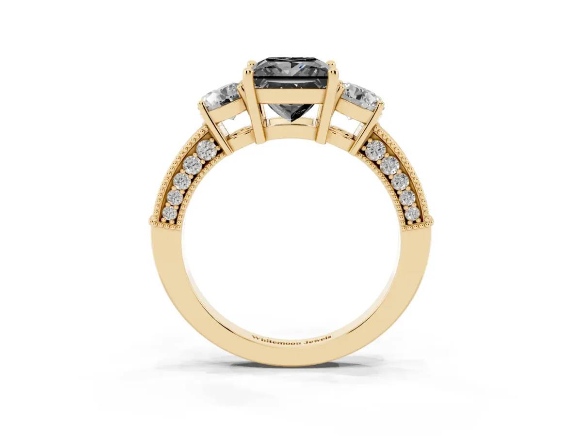 Fancy Black Princess Cut Three-Stone Diamond Ring with Pavé Band and Four-Prong Setting Yellow gold