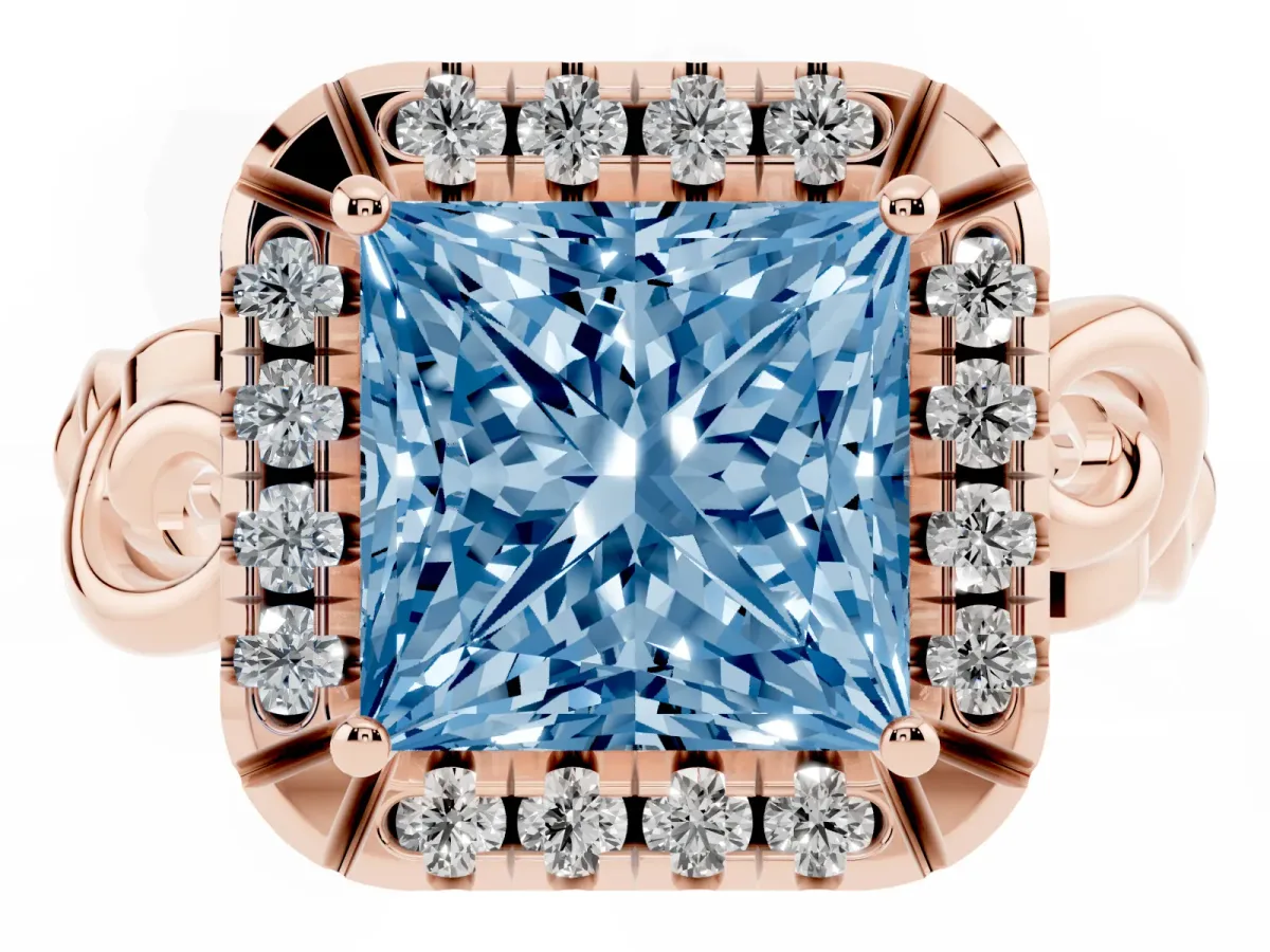 Fancy Blue Princess Cut Cut Halo Diamond Ring with Scrollwork Band and Four-Prong Setting Rose gold