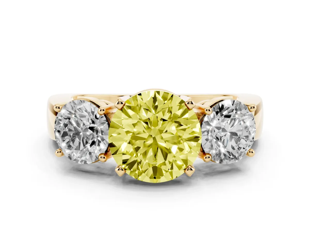 Fancy Yellow Three-Stone Round Cut Diamond Ring with Round Side Stones, Classic Band, and Four-Prong Setting Yellow gold